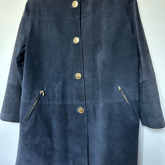 Vintage Danier Leather Suede Navy Blue Jacket Military Button Up Shoulder Pads - Picture 2 of 16